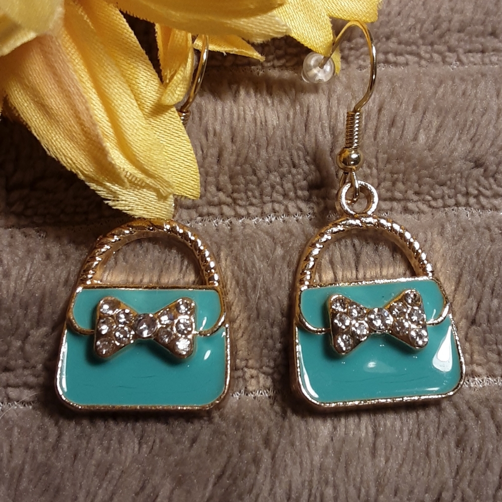 Handmade Teal Enamel Purse With Rhinestone Bow - Picture 2 of 2